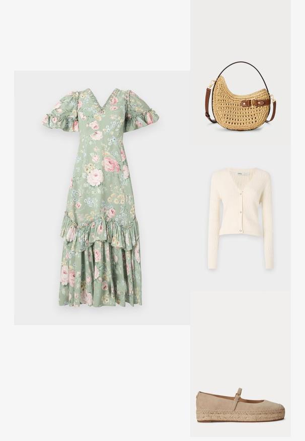 Cardigan en tricot de couleur crème avec un col en V, des manches longues et des accents de boutons en forme de cœur. Possède un motif côtelé texturé et un design court.; Robe maxi florale en vert doux avec un décolleté en V, des manches bouffantes, des accents en volants et un ourlet à plusieurs niveaux. Présente des roses roses et de petites fleurs bleues.; Chaussure plate Mary Jane en daim beige avec une semelle plateforme en jute tissée et une petite boucle dorée sur la bride.; Sac hobo en paille tissée avec une forme courbée, une sangle en cuir marron avec une boucle et une couleur beige naturel. Surface texturée avec des coutures visibles.