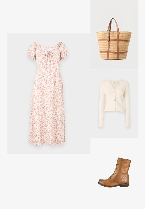 Cremefarvet strik cardigan med v-hals, lange ærmer og hjerteformede knapdetaljer. Har et struktureret ribmønster og cropped design.; Creme midi-kjole med pink blomstermønster, puff ærmer, firkantet udskæring og bindedetalje foran.; Brune læder ankelstøvler med en glat overflade, rund tå, seks snørehuller og et subtilt præget logo på hælen.; Stor beige flettet tote-taske med to brune læderstropper og vandrette brune læderbånd på en ensfarvet baggrund.