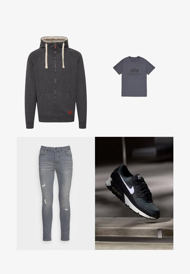 Grijze zip-up hoodie van zacht materiaal. Bevat een gevoerde capuchon, crèmekleurige koorden, voorzakken en een klein leren logo label op de zoom.; Grijze katoenen t-shirt met een ronde hals, voorzien van een zwart gedrukt logo op de voorkant. Korte mouwen en normale pasvorm.; Grijze denim jeans met een slim fit, distressed details met meerdere scheuren en een klassiek vijf-pocket ontwerp. Knoop- en ritssluiting.; Zwart-grijze Nike Air Max sneaker met witte swoosh, zwevend boven een betonnen oppervlak tegen een wazige donkere achtergrond.