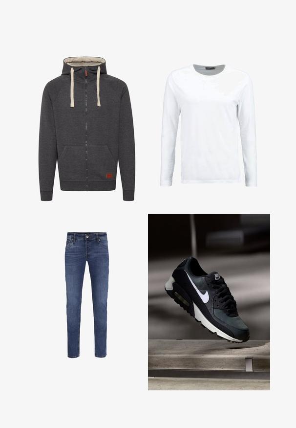 Sweat à capuche zippé gris en tissu doux. Comprend une capuche doublée, des cordons crème, des poches avant et un petit patch en cuir avec logo sur l'ourlet.; T-shirt blanc à manches longues en coton, avec un col rond et une texture lisse. Sans motifs ni accents. Design simple.; Jeans en denim bleu slim-fit pour hommes avec fermeture à bouton et glissière, poches avant et arrière, et légers détails de décoloration.; Baskets Nike Air Max noires et grises avec un logo blanc, suspendues au-dessus d'une surface en béton sur un fond sombre flou.