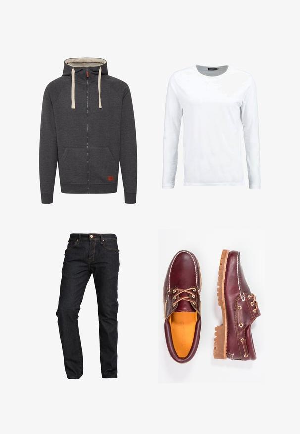 Grijze zip-up hoodie van zacht materiaal. Bevat een gevoerde capuchon, crèmekleurige koorden, voorzakken en een klein leren logo label op de zoom.; Witte langemouwen T-shirt gemaakt van katoen, met een ronde hals en een gladde textuur. Geen patronen of accenten. Eenvoudig ontwerp.; LTB RODEN - Straight leg jeans - waterless wash; Bordeaux leren schoenen met bruine rubberen zolen, ronde neus, witte stiksels en gouden veterogen. Het interieur heeft een gele voering.