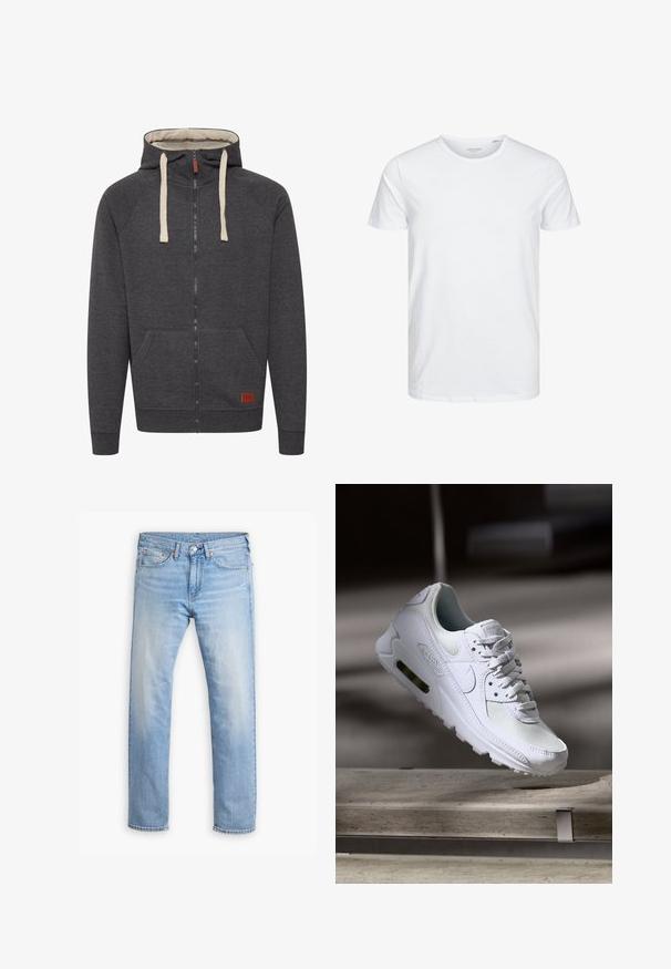 Grijze zip-up hoodie van zacht materiaal. Bevat een gevoerde capuchon, crèmekleurige koorden, voorzakken en een klein leren logo label op de zoom.; Ronde hals kortemouwen t-shirt in effen wit, gemaakt van zachte katoen, heeft een eenvoudig ontwerp zonder zichtbare patronen of accenten.; Lichtblauwe denim jeans met een rechte pijp, vijf zakken en een knoopsluiting. Kenmerkt zich door subtiele vervaging en oranje stikselaccenten.; Witte Nike Air Max 90 sneaker met een bovenwerk van mesh en leer, een geperforeerde teenbox en een zichtbare luchtunit in de hiel.