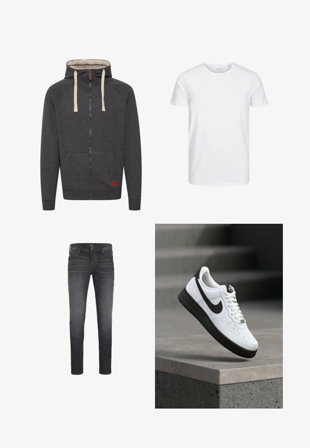 Grijze zip-up hoodie van zacht materiaal. Bevat een gevoerde capuchon, crèmekleurige koorden, voorzakken en een klein leren logo label op de zoom.; Ronde hals kortemouwen t-shirt in effen wit, gemaakt van zachte katoen, heeft een eenvoudig ontwerp zonder zichtbare patronen of accenten.; Zwarte jeans voor heren in een slim fit. Gemaakt van denim met een gladde textuur, met vijf zakken, een knoopsluiting en subtiele vervaging.; Witte leren sneaker met zwarte accenten, afgeronde neus en geperforeerde details. Zwarte rubberen zool met een gestructureerd patroon en vetersluiting.