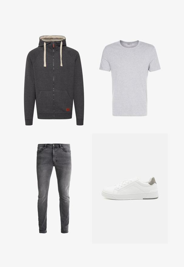 Grijze zip-up hoodie van zacht materiaal. Bevat een gevoerde capuchon, crèmekleurige koorden, voorzakken en een klein leren logo label op de zoom.; Grijze katoenen t-shirt met een ronde hals, korte mouwen en een eenvoudige uitstraling, met een zachte, gladde textuur en zonder zichtbare patronen of versieringen.; Slim-fit grijze spijkerbroek van denim met een lichte rek. Beschikt over vijf zakken, een ritsopening en een contrasterende metalen knop. Versleten was textuur.; Witte sneaker van glad leer met een ronde neus, minimalistisch ontwerp, grijze hielaccent en een geplaatste rubberen zool.