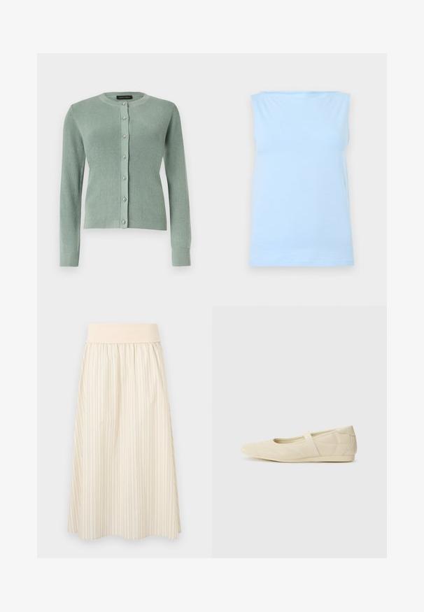 Cardigan tricoté vert clair à manches longues, col rond, avec des boutons argentés sur le devant.; Débardeur bleu clair sans manches avec un décolleté droit, présenté à plat sur un fond neutre.; Jupe crème plissée avec fines rayures verticales, dotée d'une ceinture élastique douce. Fabriquée en tissu léger pour le confort.; Ballerines beiges avec une exterior en cuir lisse, un bout en forme d'amande et une sangle élastique sur le coup de pied, avec des détails de couture subtils.
