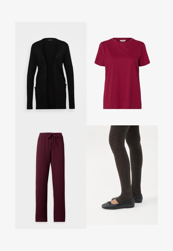 Sort cardigan med åben front, lavet af blødt materiale. Den har lange ærmer og to forlommer. Simpelt design med ribbede detaljer.; Enkelt kortærmet t-shirt med rund hals i ensartet mørkerød farve, vist på hvid baggrund.; Mørkerøde teksturerede bukser med lige ben og en elastisk linning med en matchende snøre.; Ben iført mørke ribbede leggings kombineret med sorte balletsko med små sløjfedetaljer på hvid baggrund.
