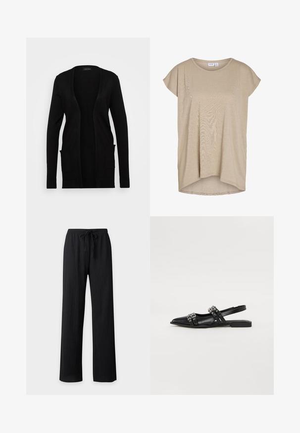 Sort cardigan med åben front, lavet af blødt materiale. Den har lange ærmer og to forlommer. Simpelt design med ribbede detaljer.; Beige kortærmet loose-fit striktop med rund halsudskæring og let længere bagkant.; Sorte vidde bukser med tekstur, elastisk linning og snøre foran, vist mod en ensfarvet baggrund.; Even&Odd by Zalando Slingback-ballerinasko - black