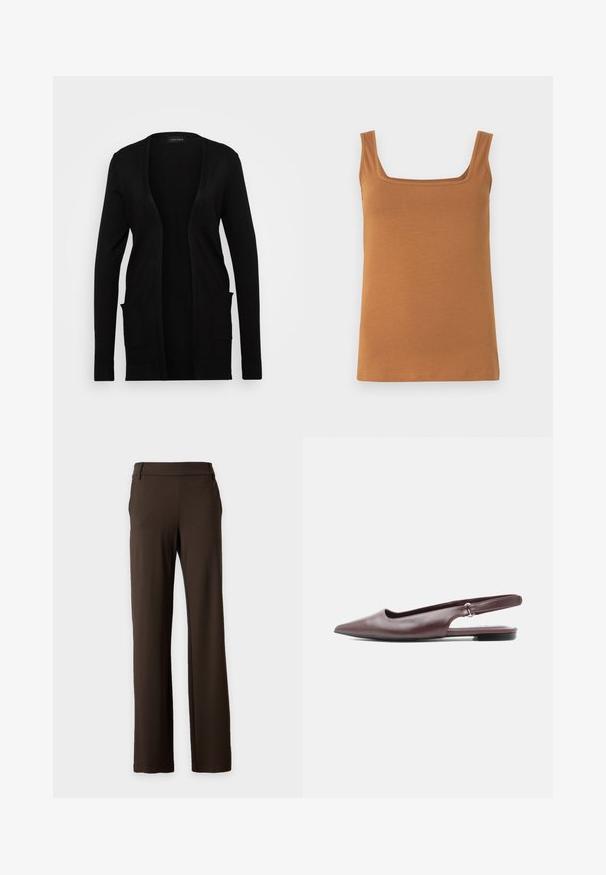 Sort cardigan med åben front, lavet af blødt materiale. Den har lange ærmer og to forlommer. Simpelt design med ribbede detaljer.; Brun ærmeløs tanktop med firkantet udskæring. Fremstillet af blødt, elastisk stof med rene sømme og jævn tekstur.; Mørkebrune bukser med lige ben, bæltestropper, sidelommer og et rent frontdesign på en ensfarvet lys baggrund.; Bourgognefarvet spids tå slingback flad sko med lav hæl og justerbar rem på hvid baggrund.