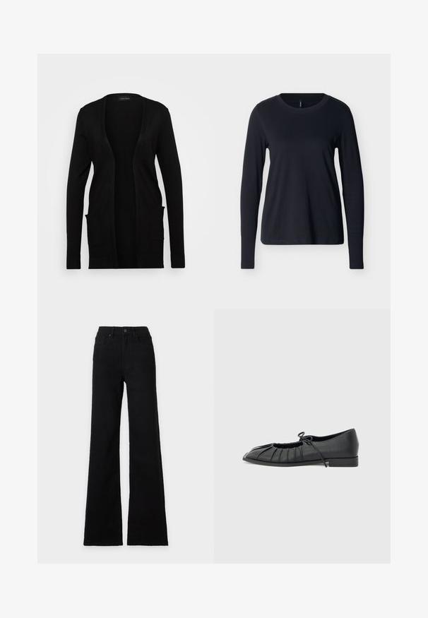 Cardigan noir à ouverture sur le devant, fabriqué en matériau doux. Il possède des manches longues et deux poches avant. Design simple avec des accents côtelés.; Chemise noire à manches longues et col rond, étalée à plat sur un fond blanc, vue de face avec un design propre et simple.; Jean noir taille haute avec fermeture bouton et fermeture éclair, poches avant, passants de ceinture et jambes larges évasées.; Chaussure plate noire avec design plissé à l'avant et un nœud noué sur le dessus, petit talon, et texture lisse sur un fond gris clair.