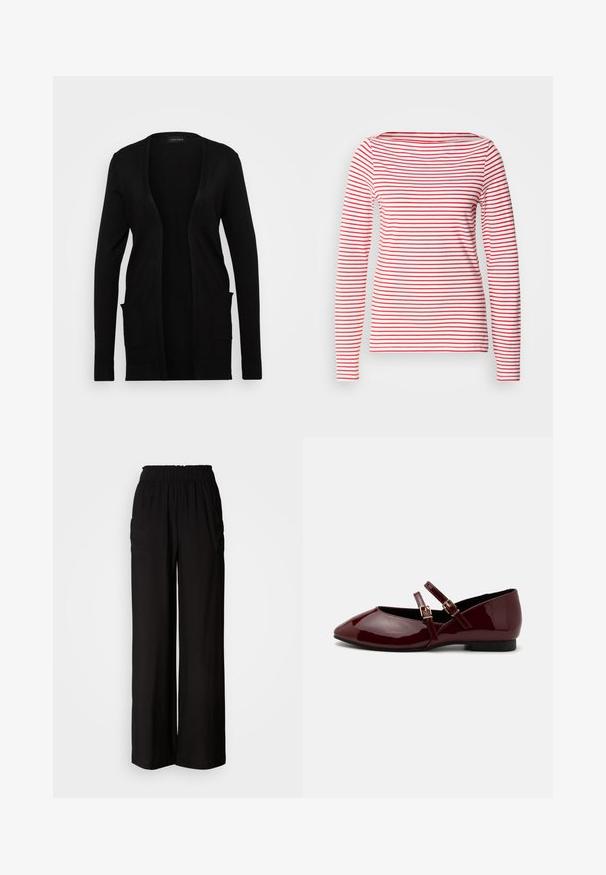 Cardigan noir à ouverture sur le devant, fabriqué en matériau doux. Il possède des manches longues et deux poches avant. Design simple avec des accents côtelés.; Chemise à manches longues avec des rayures horizontales rouges et blanches, en coton doux, col rond et silhouette cintrée.; Pantalon noir à jambes larges avec une ceinture élastique, deux poches latérales, en tissu léger, présentant une texture lisse et une coupe ample.; Anna Field Babies - dark red