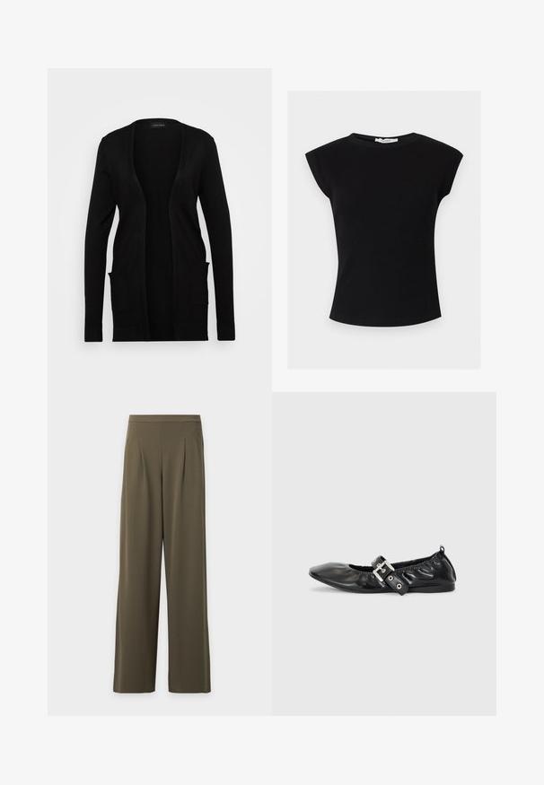 Cardigan noir à ouverture sur le devant, fabriqué en matériau doux. Il possède des manches longues et deux poches avant. Design simple avec des accents côtelés.; Haut sans manches noir côtelé avec un col rond et un détail rembourré aux épaules, de la marque Topshop.; Pantalon kaki large à taille haute, plis devant et ourlets droits, présenté sur un fond blanc uni.; Chaussure plate en cuir noir avec un nez pointu, des détails froncés autour de l'ouverture et un accent en boucle argentée sur la bride ajustable.