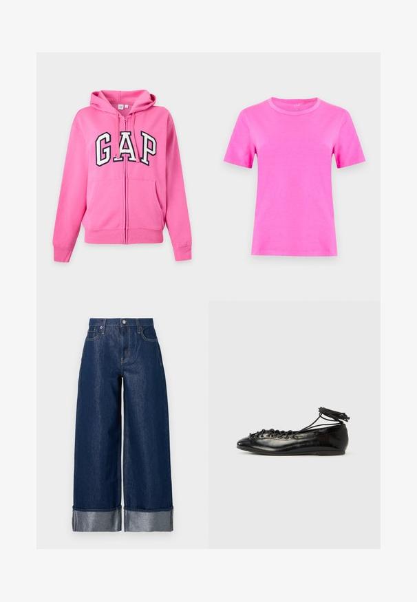 Sweat à capuche zippé rose vif avec poches avant, capuche et grandes lettres blanches et noires "GAP" sur la poitrine. Aucune personne visible.; T-shirt rose vif à manches courtes et col rond, présenté de face sur un fond gris clair uni.; Jean large en denim bleu foncé à taille haute, design à cinq poches, et revers pliés dévoilant le tissu intérieur plus clair.; Ballerines en cuir verni noir avec un bout rond, un design à lacets et une semelle plate. Texture lisse avec peu de détails.