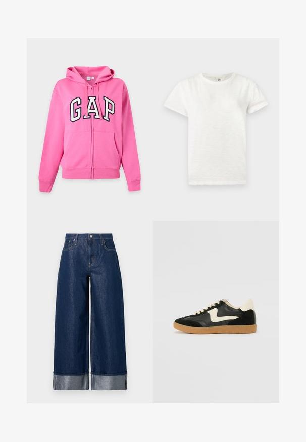 Sweat à capuche zippé rose vif avec poches avant, capuche et grandes lettres blanches et noires "GAP" sur la poitrine. Aucune personne visible.; T-shirt blanc uni à manches courtes et col rond, en tissu doux, présenté sur un fond gris clair.; Jean large en denim bleu foncé à taille haute, design à cinq poches, et revers pliés dévoilant le tissu intérieur plus clair.; Baskets en daim et cuir noir avec un swoosh latéral crème et un talon crème clair. Dotées de lacets beige et d'une semelle en caoutchouc gomme.