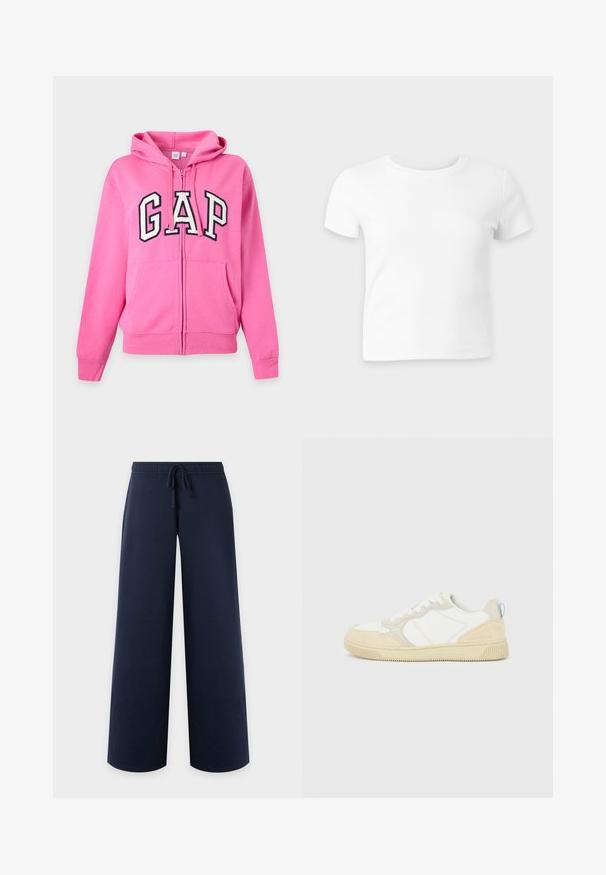 Sweat à capuche zippé rose vif avec poches avant, capuche et grandes lettres blanches et noires "GAP" sur la poitrine. Aucune personne visible.; T-shirt blanc uni à manches courtes et col rond sur fond gris clair, présenté à plat face vers l’avant.; Pantalon bleu marine à jambe large, taille élastique et cordon, vu de face sur fond uni clair.; Baskets blanches et beiges avec dessus en suède et textile, présentant des coutures contrastées, une semelle en caoutchouc et un accent bleu clair sur le talon.