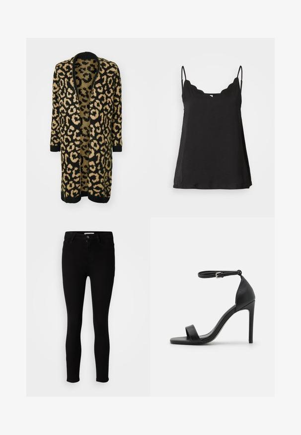 Cárdigan de estampado de leopardo en negro y beige, con un corte holgado, frente abierto y mangas largas, elaborado en un material de punto suave.; Top de tirantes finos en color negro con borde festoneado, de textura suave y corte holgado. Presenta un escote ligeramente curvado y un diseño simple.; Jeans ajustados negros con cierre de botón y cremallera, bolsillos frontales y traseros, exhibidos sobre un fondo blanco neutral.; Sandalia de tacón alto negra con un diseño elegante, que cuenta con una correa en el tobillo, punta abierta y una textura de cuero suave.