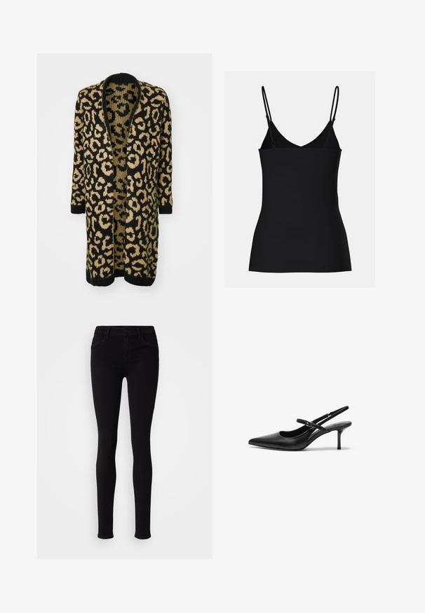 Cárdigan de estampado de leopardo en negro y beige, con un corte holgado, frente abierto y mangas largas, elaborado en un material de punto suave.; Camiseta sin mangas negra con finas tirantes ajustables, diseño de escote en V, forma ajustada y textura sin costuras. Estilo simple y minimalista.; Pantalones negros ajustados con cierre de botón, presillas para cinturón y bolsillos frontales, exhibidos sobre un fondo liso claro.; Zapatos de tacón slingback de cuero negro con punta afilada, correa ajustable delgada y un tacón de aguja de aproximadamente 5 cm, textura suave.