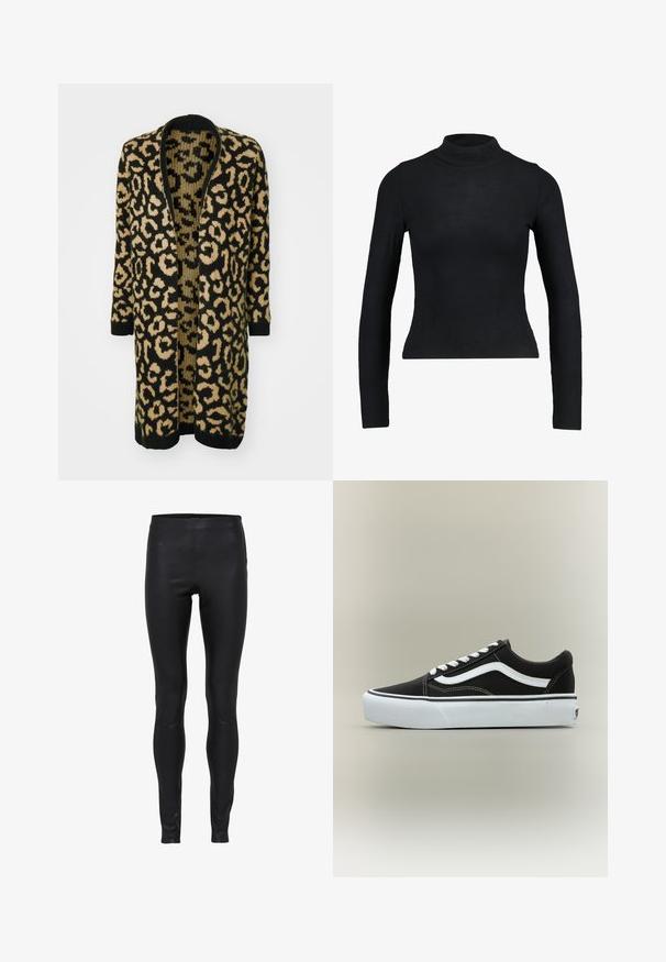 Cardigan en imprimé léopard noir et beige, avec une coupe ample, une ouverture devant et des manches longues, fabriqué à partir d'un matériau tricoté doux.; Haut noir à manches longues en col roulé fabriqué dans un tissu côtelé, avec un design ajusté et une silhouette élancée. Pas de motifs ni d'accents.; Leggings en cuir noir taille haute avec une texture lisse et une coupe près du corps de la taille à la cheville.; Baskets basses noires avec bande blanche latérale, lacets blancs, semelle en caoutchouc blanche et bout texturé sur fond neutre.