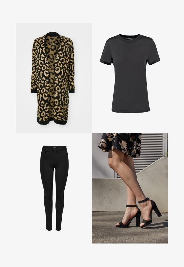 Cárdigan de estampado de leopardo en negro y beige, con un corte holgado, frente abierto y mangas largas, elaborado en un material de punto suave.; Camiseta de manga corta negra, hecha de tela suave. Presenta un cuello redondo sin patrones ni acentos visibles, ofreciendo un diseño sencillo.; Pantalones vaqueros ajustados negros de mezclilla, con un diseño clásico de cinco bolsillos, cierre de cremallera y una textura suave con detalles de costura mínimos.; Sandalias de tacón alto de ante negro con una correa en el tobillo y hebilla, diseño de punta abierta y tacón ancho. Textura suave y estilo minimalista.