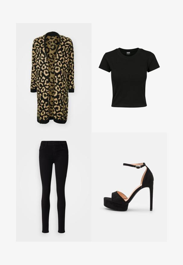Cardigan en imprimé léopard noir et beige, avec une coupe ample, une ouverture devant et des manches longues, fabriqué à partir d'un matériau tricoté doux.; T-shirt noir à manches courtes en coton lisse, avec un col rond et une coupe ajustée. Aucun motif ou accent visible.; Pantalons slim fit noirs avec fermeture à bouton, passants de ceinture et poches avant, présentés sur un fond clair et uni.; Sandale à talons hauts en daim noir avec une semelle compensée, bride de cheville avec quincaillerie en argent, design à bout ouvert et texture lisse.