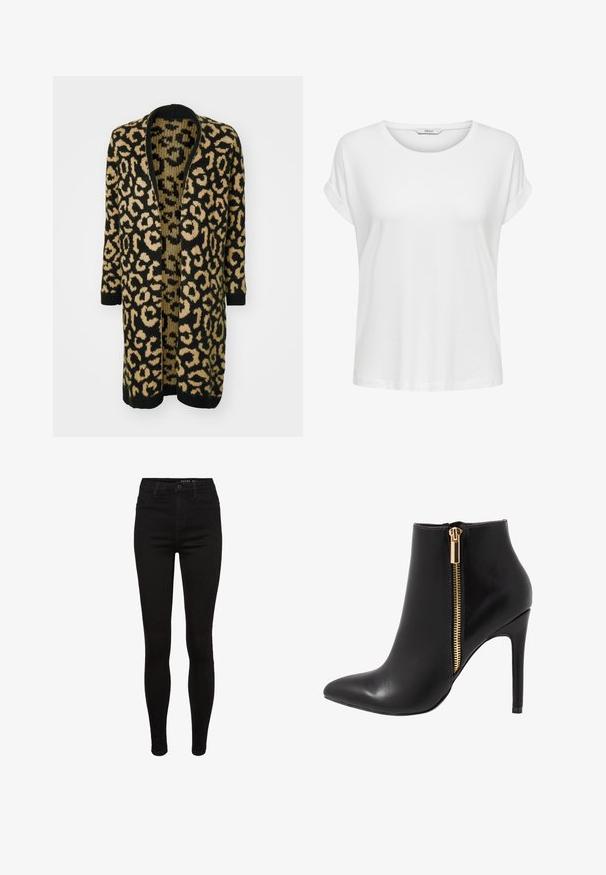 Cárdigan de estampado de leopardo en negro y beige, con un corte holgado, frente abierto y mangas largas, elaborado en un material de punto suave.; Camiseta blanca de manga corta hecha de algodón suave. Presenta un cuello redondo y puños enrollados. Diseño simple sin patrones ni acentos.; Jeans skinny de denim negro con cintura alta, diseño de cinco bolsillos, pasadores para cinturón y detalles de costura sutiles. Textura suave, forma ajustada.; Bota de tacón hasta el tobillo de cuero negro con punta afilada, tacón de aguja alto y cremallera lateral dorada. Textura lisa y diseño elegante y minimalista.