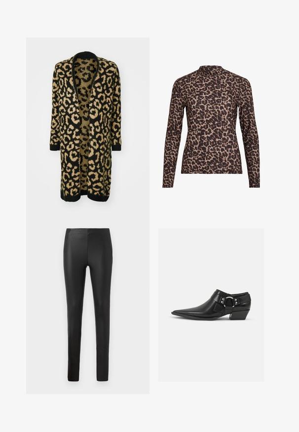 Cárdigan de estampado de leopardo en negro y beige, con un corte holgado, frente abierto y mangas largas, elaborado en un material de punto suave.; Top de manga larga con estampado de leopardo y cuello alto, fabricado en tejido elástico. Presenta una base beige con manchas marrones. Textura suave, diseño ajustado.; Pantalones de imitación cuero negro elásticos que presentan un ajuste ceñido, con bolsillos laterales y una textura suave, diseñados para una silueta estilizada.; Botas de cuero negras hasta el tobillo con puntera puntiaguda, que presentan una correa de cuero en la parte delantera y un detalle de hebilla plateada, además de un tacón bajo y cuadrado.