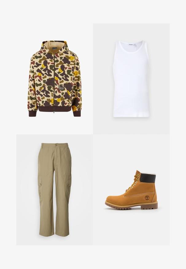 Beige kapuutsiga lukuga sviiter, millel on camo-muster pruuni, rohelise ja kollase naeratava näoga. Sviiteril on ees taskud ja soonikkoes varrukad.; Valge puuvillane top, millel on ümar kaelus ja laiad rihmad. Sile tekstuur, mustreid pole, puhas disain ja brändi silt kaeluses.; Beežid cargo-püksid, mis on valmistatud kergest kangast, sisaldavad kahte küljetaskut, nööbiga sulgemist ja sirget lõiget.; Pruun nahast pahkluu saabas metallist silmadega, valge karvane vooder, must pehmendatud krae, robustne tallal ja küljes reljeefne logo.