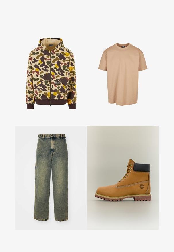 Hættezip-sweater i beige med et camouflage-mønster, der har brune, grønne og gule smilende ansigtter. Inkluderer forlommer og ribbede manchetter.; Beige bomulds t-shirt med rund hals, korte ærmer og en afslappet pasform; har en glat tekstur og et minimalistisk design.; Slidse denim jeans i en falmet blå og grøn vask. Har en knaplukning, bælteløkker og sidelommer. Flad front og lige ben-design.; Brun læderankelstøvle med sort krave, gule snørebånd og tanfarvet sål. Har logo og hvide syninger som detalje. Robust ydersål med greb.