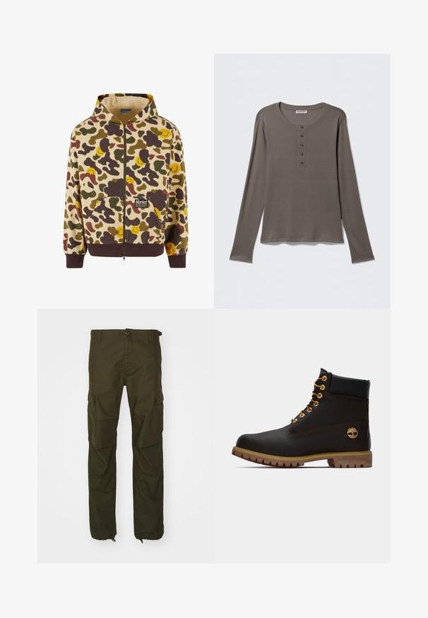 Hættezip-sweater i beige med et camouflage-mønster, der har brune, grønne og gule smilende ansigtter. Inkluderer forlommer og ribbede manchetter.; Grå henley-shirt med lange ærmer, fem knapper og rund halsudskæring, vist på en ensartet hvid baggrund.; Olivenfarvede cargo bukser lavet af slidstærkt stof, med knaplukning, flere sidelommer og elastiske manchetter ved anklerne.; Sorte læder ankelstøvle med gyldne øjer, brune detaljer og gummisål. Har en polstret krave og præget logo på siden.