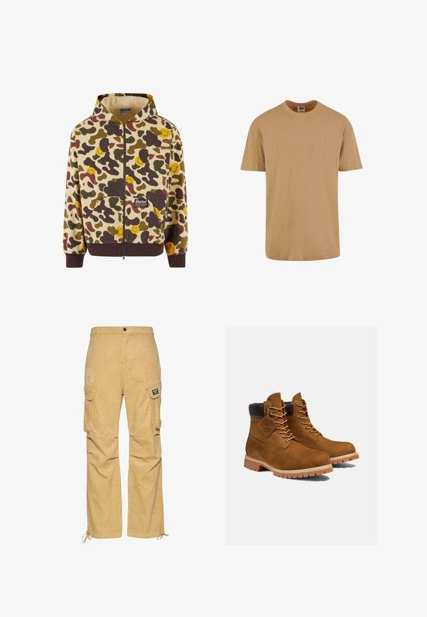 Hættezip-sweater i beige med et camouflage-mønster, der har brune, grønne og gule smilende ansigtter. Inkluderer forlommer og ribbede manchetter.; Urban Classics SHORTSLEEVE - T-shirts basic - unionbeige; Tan corduroy cargo bukser med løs pasform, der har sidelommer, en snor i kanten og et diskret logo-design på den ene side.; Brune ruskinds ankelstøvler med en polstret sort krave, gyldne snørehuller og en tyk gummisål med en mønster, der giver godt greb.