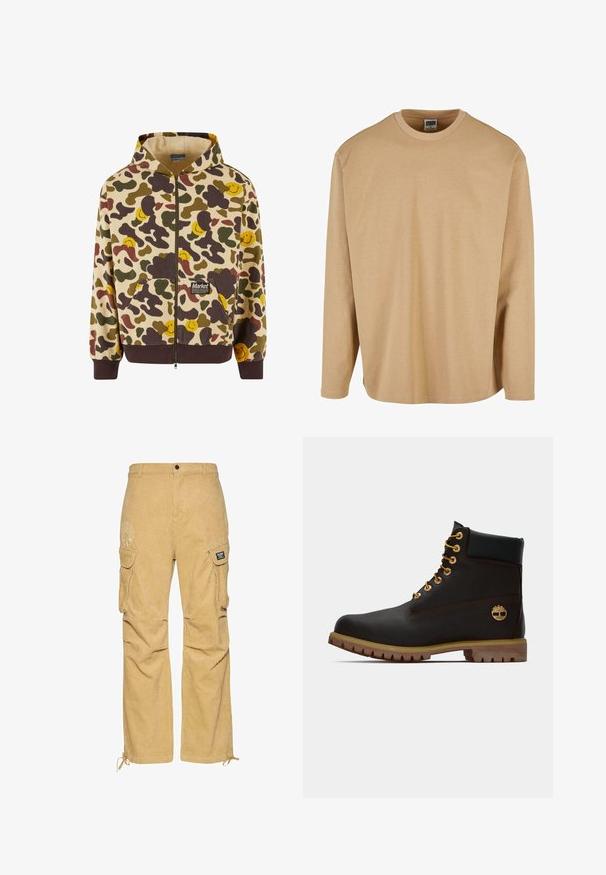 Beige kapuutsiga lukuga sviiter, millel on camo-muster pruuni, rohelise ja kollase naeratava näoga. Sviiteril on ees taskud ja soonikkoes varrukad.; Beige pikaealise t-särk, mis on valmistatud pehmest puuvillast, ringkaelusega, lõdva lõikega ja siledapinnaga, millel on minimaalsed õmblusdetailid.; Kreemjad corduroy cargo püksid lahtise lõikega, küljepocketite, alläärtes stringiga ja ühel küljel peene logo kujundusega.; Must have kuld moodustatud mustast nahast pahkluu saapad kullavärvi silmadega, pruuni aktsentidega ja kummitald. Omab pehmendatud krae ja kõrvale reljeefset logo.