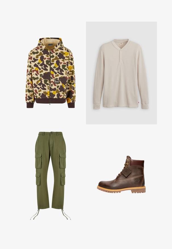 Beige kapuutsiga lukuga sviiter, millel on camo-muster pruuni, rohelise ja kollase naeratava näoga. Sviiteril on ees taskud ja soonikkoes varrukad.; Pikad varrukad henley särk heledast beežist ribakudumist, millel on V-kaelus, kolme nupuga sulgemine ja kollased varrukad. Punane logo sildike ääres.; Oliivrohelised cargo püksid, mis on valmistatud puuvillast, nelja suure taskuga, nööriga hemis ja nööbi sulgemisega vööl.; pruun nahkne pahklöögi saabas ümarate varvastega, tugev tald, kuldse tooni detaljid ja tekstureeritud pealispind. Kaasas brändi silt.