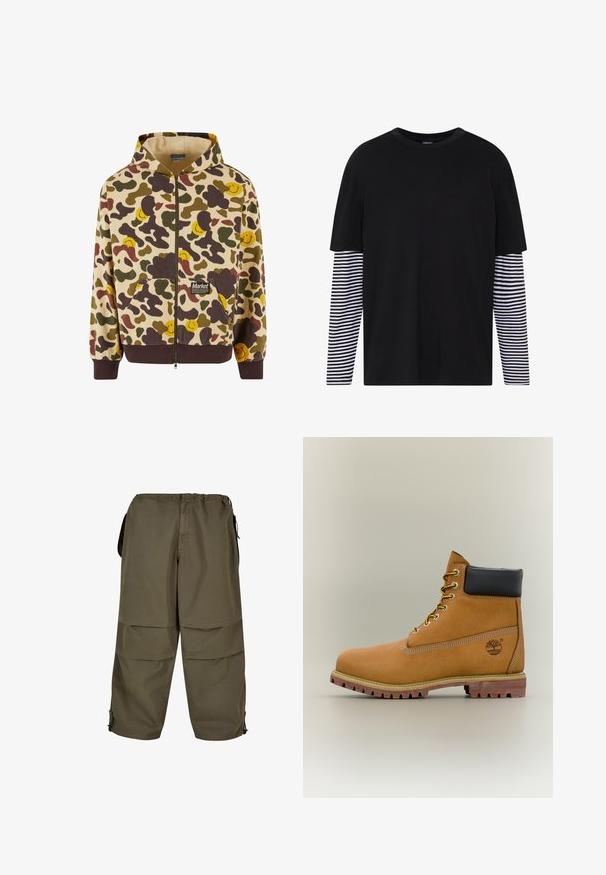 Beige hoodie met ritssluiting en camouflagepatroon, met bruine, groene en gele glimlachende gezichten. Met voorzakken en geribde manchetten.; Zwarte t-shirt met korte mouwen, met een effen voorkant en lange gestreepte mouwen in zwart en wit. Eenvoudig ontwerp met ronde halslijn, casual pasvorm.; Khaki cargobroek met een elastische tailleband, zijzakken en drukknopen. Stof heeft een soepele, lichte textuur.; Bruine leren enkellaars met zwarte kraag, gele veters en een zandkleurige zool. Voorzien van een logo en witte stikseldetails. Robuuste loopzool met grip.