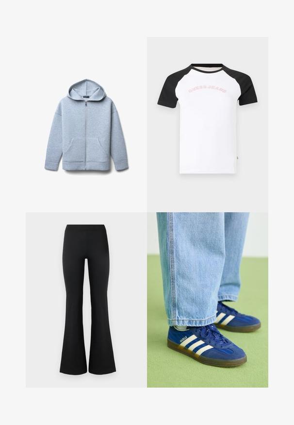 Hellgraue Zip-Hoodie aus weichem Material mit großer Kapuze, zwei vorderen Taschen sowie geripptem Saum und Bündchen.; Weißes T-Shirt mit schwarzen Raglanärmeln und "Guess Jeans" in hellem Pink quer über der Brust gedruckt.; Schwarze ausgestellte Hosen aus einem glatten, dehnbaren Stoff. Mit einem hohen Bund und ausgestellten Säumen für eine figurschmeichelnde Passform. Einfaches Design.; Blaue Wildleder-Sneaker mit weißen Streifen und strukturierten Mustern, kombiniert mit hellblauen Jeans, vor einem grünen Hintergrund.