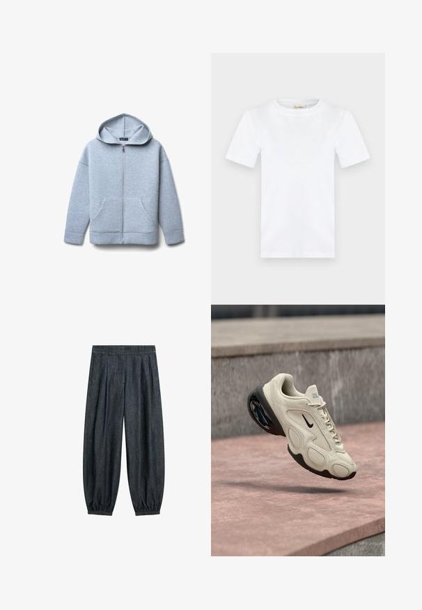 Hellgraue Zip-Hoodie aus weichem Material mit großer Kapuze, zwei vorderen Taschen sowie geripptem Saum und Bündchen.; Schlichtes weißes T-Shirt mit kurzen Ärmeln und rundem Ausschnitt sowie einem kleinen beigen Etikett innen im Kragen mit der Aufschrift "CLOSED."; Dunkelgraue, locker sitzende Hose mit Falten an der Taille und elastischen Bündchen an den Knöcheln, aus denimähnlichem Stoff.; Helle beige Nike-Sneaker mit schwarzer Sohle und Luftpolster, schwebend über Steinstufen in einer Außeneinstellung.