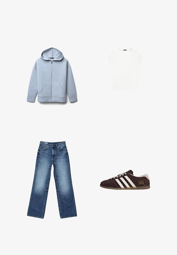 Hellgraue Zip-Hoodie aus weichem Material mit großer Kapuze, zwei vorderen Taschen sowie geripptem Saum und Bündchen.; Weißes Baumwoll-T-Shirt mit rundem Ausschnitt und kurzen Ärmeln. Einfaches Design, ohne Muster oder Akzente. Weiche, glatte Textur.; Blaue Jeans mit weitem Bein, ausgestattet mit vorderen und Münztaschen, Knopfverschluss und ausgewaschenen Bereichen an Oberschenkeln und Knien.; Braune Wildleder-Sneaker mit drei weißen Streifen, Gummisohle und Textlabel "Gazelle" in Gold. Schnürdesign mit grauen Schnürsenkeln.