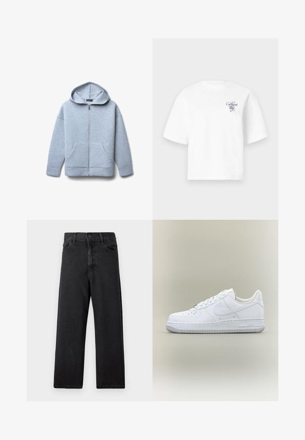 Hellgraue Zip-Hoodie aus weichem Material mit großer Kapuze, zwei vorderen Taschen sowie geripptem Saum und Bündchen.; Weißes T-Shirt mit kurzen Ärmeln, lockerem Schnitt und kleinem "Carhartt Wip"-Logo in Schreibschrift auf der linken Brust.; Schwarze Denim-Jeans mit hoher Taille, geradem Schnitt, Fünf-Taschen-Design und klassischem Knopfverschluss vorne. Weicher, strukturierter Stoff.; Weißer Nike Air Force 1 Sneaker in Low-Top-Form mit Schnürsenkeln, perforierter Zehenkappe und strukturierter Gummisohle vor neutralem Hintergrund.