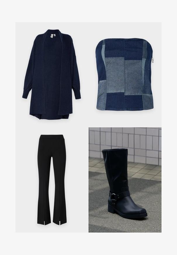 YAS YASJUVA LONG CARDIGAN - Ζακέτα - navy blazer; Εμπριμέ τοπ χωρίς τιράντες από τζιν σε ναυτικό μπλε, με σχέδιο μπαλώματος σε διάφορες αποχρώσεις, λεία υφή και λεπτομέρεια κρυφού φερμουάρ στο πλάι.; Μαύρο φαρδύ παντελόνι από ελαστικό ύφασμα, με ψηλή μέση και σχισμές στον αστράγαλο για επιπλέον λεπτομέρεια και κίνηση.; Μαύρη δερμάτινη μπότα μέχρι τη μέση της γάμπας με χαμηλό χοντρό τακούνι και διακοσμητικό λουρί με μεταλλική αγκράφα γύρω από τον αστράγαλο, σε πλακόστρωτο πεζοδρόμιο.