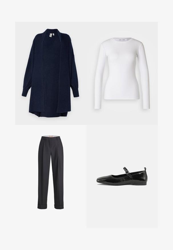 YAS YASJUVA LONG CARDIGAN - Kardigán - navy blazer; Biely dlhý rukáv tričko vyrobené z rebrovanej látky, s okrúhlym výstrihom a priliehavým strihom. Neobsahuje vzory ani akcenty.; Tmavošedé nohavice vyrobené z textúrovanej tkaniny, s vysokým pásom, skladaním a zrolovanými nápletmi na okrajoch.; Čierne lakované baleríny s špicatou špičkou, remienkom na členku so sponou a hladkým, lesklým povrchom. Nízky podpätok pre pohodlie.