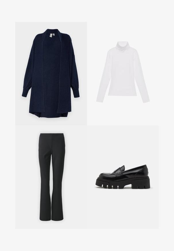 YAS YASJUVA LONG CARDIGAN - Kardigán - navy blazer; Biely dlhý rukáv v štýle roláka vyrobený z hladkej, elastickej tkaniny. Má vysoký golier a priliehavý strih, bez viditeľných vzorov alebo ozdôb.; Čierne rozšírené nohavice vyrobené z hladkého materiálu; majú plochý predný diel bez vreciek a prispôsobený strih, ktorý sa zužuje smerom k lemovaniu.; Čierne kožené loafers so robustnou štruktúrovanou platformovou podrážkou a ozdobným remienkom cez hornú časť. Hladký, lesklý povrch.