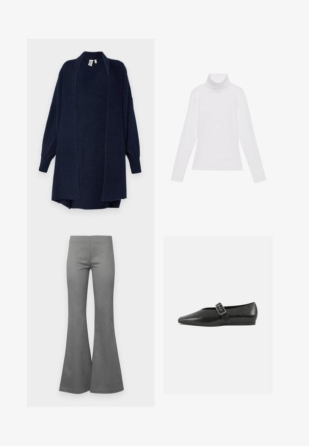YAS YASJUVA LONG CARDIGAN - Kardigan - navy blazer; Valge pikkade varrukate turtleneck-särk, mis on valmistatud siledast ja venivast kangast. Omab kõrget kraed ja keha lähedast lõiget, ilma nähtavate mustrite või kaunistusteta.; Hallid hallid püksid, millel on sile kangastekstuuri ja istuv disain, laienevad põlve kohal kuni hemplist.; Must mustril leedjalats, millel on terav varvas, metallist pandla rihm üle jala ja madal, paindlik tall.