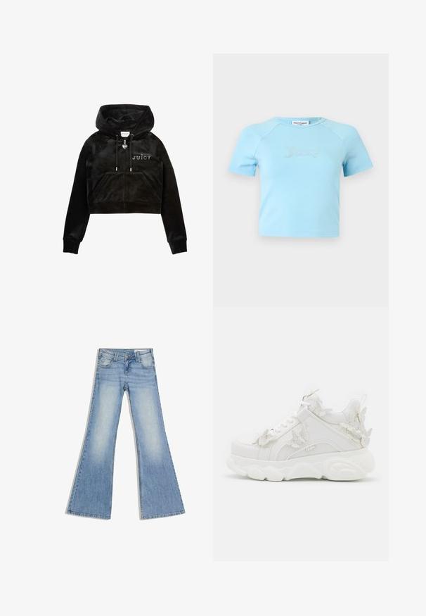 Schwarzer, kurz geschnittener Hoodie aus weichem Samt mit Frontreißverschluss, verstellbarer Kapuze, zwei Fronttaschen und der Aufschrift "JUICY" auf der Brust.; Hellblaues Crop-Top mit kurzen Ärmeln und rundem Ausschnitt, mit „Juicy“ in Strasssteinen zentriert auf der Brust.; Hellblaue Jeans aus Denim mit hoher Taille, vorderen Taschen und ausgestellten, weiten Beinen, flach auf einem weißen Hintergrund liegend.; Weißer klobiger Sneaker mit dicker Sohle und dekorativen 3D-Schmetterlingsakzenten an der Seite, den Schnürsenkeln und der Ferse.