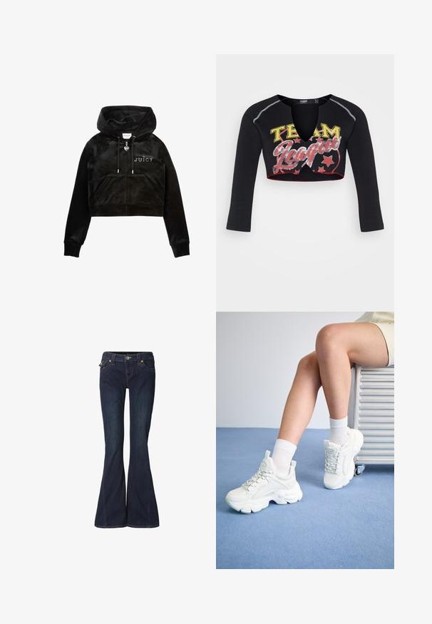 Zwarte korte hoodie van zacht fluweel met een rits aan de voorkant, een capuchon met trekkoorden, twee zakken aan de voorkant en de letters "JUICY" op de borst.; Jaded London CROPPED RAGLAN WITH CONTRAST STITCH & PLACEMENT SCREEN PRINT - Longsleeve - mehrfarbig; Uitlopende donkerblauwe spijkerbroek met een nauwsluitende taille, twee voorzakken en subtiele stikdetails. Voorzien van knoop- en ritssluiting.; Witte veterschoenen met een dikke zool, gemaakt van glad synthetisch materiaal, met textuuraccenten en een lus op de hiel.