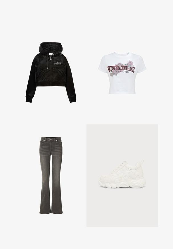 Schwarzer, kurz geschnittener Hoodie aus weichem Samt mit Frontreißverschluss, verstellbarer Kapuze, zwei Fronttaschen und der Aufschrift "JUICY" auf der Brust.; Weißes Cropped-T-Shirt mit kurzen Ärmeln, versehen mit dem Text "True Religion Brand Jeans" und floralen Designs in Rot, Pink und Grün auf der Vorderseite.; Grau ausgestellte Jeans aus Denim, mit einem klassischen Fünf-Taschen-Design, sichtbaren Nähten und einem Reißverschluss mit Metallknopfverschluss.; Weißer klobiger Sneaker mit sternförmigen Mustern und dicker strukturierter Sohle, von der Außenseite auf einem einfarbigen Hintergrund gesehen.