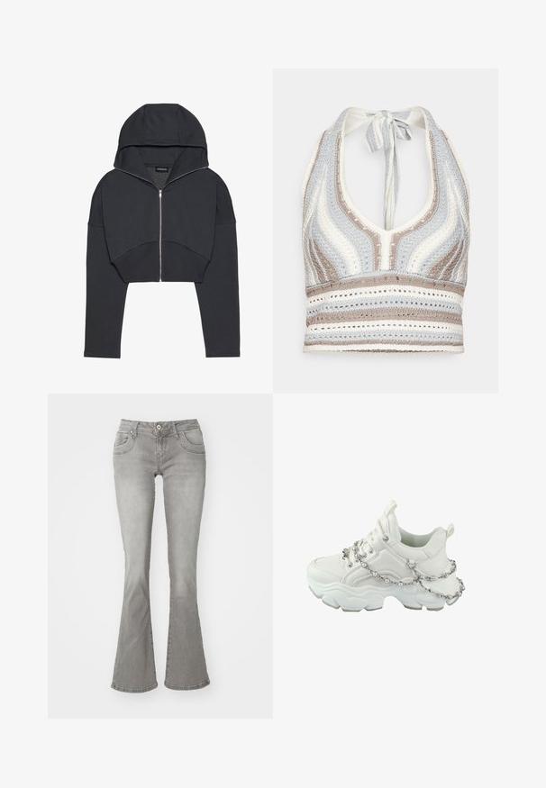 Lyhyt musta huppari, joka on valmistettu pehmeästä kankaasta, edessä vetoketjulla, suuressa hupussa ja resoreilla. Minimalistinen muotoilu, ilman kuvioita.; Crochet halter top yang menampilkan garis-garis biru muda, beige, dan putih dengan leher V dalam dan ikatan di belakang. Tekstur rajutan terbuka di seluruh bagian.; Harmaat levenneet farkut, joissa on keskikorkea vyötärö, etutaskut ja nappisuljenta. Valmistettu denim-kankaasta, jonka pinta on sileä.; Kengät valkoisena, joissa on paksu pohja, sileä nahkaverhoilu, nauhakiinnitys, kumipohja ja koristeellinen ketju, jossa on helmiä(nilkassa).