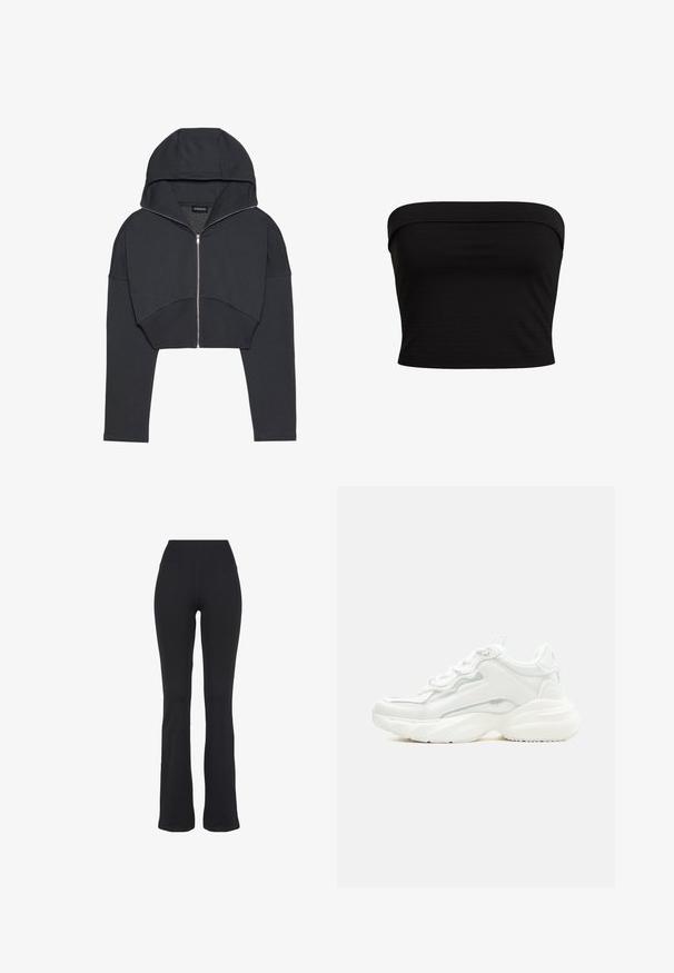 Korte zwarte hoodie van zacht materiaal met een ritssluiting aan de voorkant, grote capuchon en geribbelde manchetten. Heeft een minimalistisch ontwerp zonder patronen.; Zwarte strapless top met een aansluitend ontwerp, gemaakt van zachte stof, met een gladde textuur en schone randen. Geen aanvullende patronen of accenten.; Zwarte, hooggetailleerde, aansluitende yogabroek met uitlopende pijpen, gepresenteerd tegen een witte achtergrond.; Witte chunky sneaker met dikke zool, veters aan de voorkant en een glad bovenwerk van synthetisch materiaal met subtiele stikdetails.