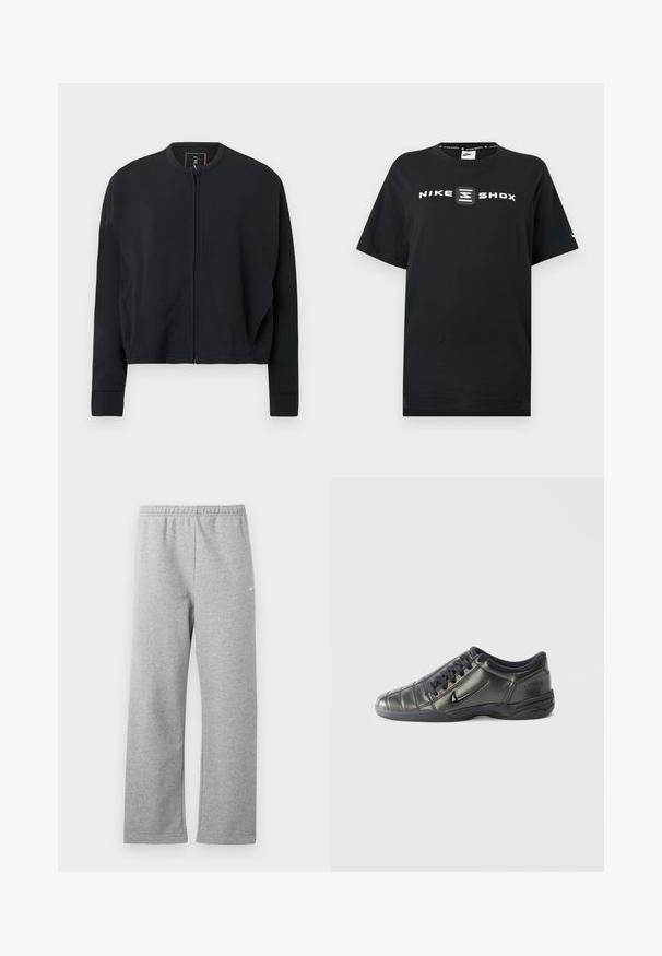 Μαύρο cropped μπουφάν με φερμουάρ, στρογγυλή λαιμόκοψη, μακριά μανίκια και ριμπ μανσέτες. Κατασκευασμένο από απαλό ύφασμα χωρίς ορατά μοτίβα ή διακοσμητικά στοιχεία.; Μαύρο μπλουζάκι Nike με τα λογότυπα «NIKE» και «SHOX» σε λευκό στο μπροστινό μέρος. Σχεδίαση με στρογγυλή λαιμόκοψη, κοντά μανίκια και άνετη εφαρμογή.; Ανοιχτό γκρι φόρμα με ελαστική μέση και μικρό λευκό λογότυπο Nike στο πάνω μέρος του μηρού, εμφανίζεται επίπεδη σε λευκό φόντο.; Μαύρο χαμηλό Nike sneaker με κορδόνια, ραφές και υφή στην σόλα, σε λευκό απλό φόντο.