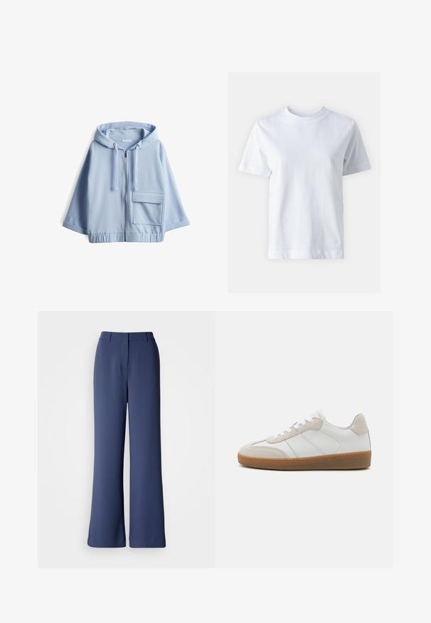 Hoodie zippé bleu clair en tissu doux, avec une grande poche avant, un capuchon avec cordon de serrage et un ourlet élastiqué. Manches courtes.; T-shirt en coton blanc avec un col rond, manches courtes, coupe droite et texture lisse. Sans motifs ni embellissements.; Pantalon à jambes larges en tissu bleu marine foncé, présentant une texture lisse, un pli avant et une ceinture plate sans aucune quincaillerie visible.; Baskets en cuir blanc avec des accents en suède beige, languette texturée et semelle en caoutchouc. Elles sont dotées de lacets blancs et de détails couture subtils.