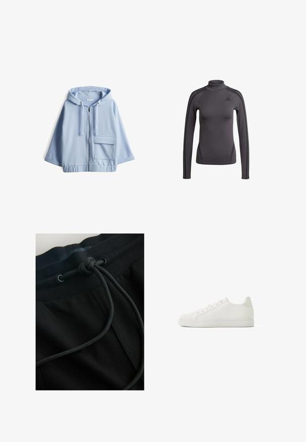Hellblauer Reißverschluss-Hoodie aus weichem Stoff, mit einer großen Fronttasche, einer Kordelzugkapuze und einem elastischen Saum. Kurze Ärmel.; Graues Langarmshirt mit hohem Kragen, strukturiertem Stoff und schwarzen Akzentstreifen auf den Schultern, mit einem Adidas-Logo auf der Brust.; Schwarze Jogginghosen mit Kordelzugbund und strukturiertem Stoff, wobei der Fokus auf glatten Linien und minimalistischer Gestaltung liegt.; Weißer Sneaker mit strukturierten Oberflächen, flachen Schnürsenkeln und einem niedrigen Profil. Mit Mesh-Elementen und einer Gummisohle.
