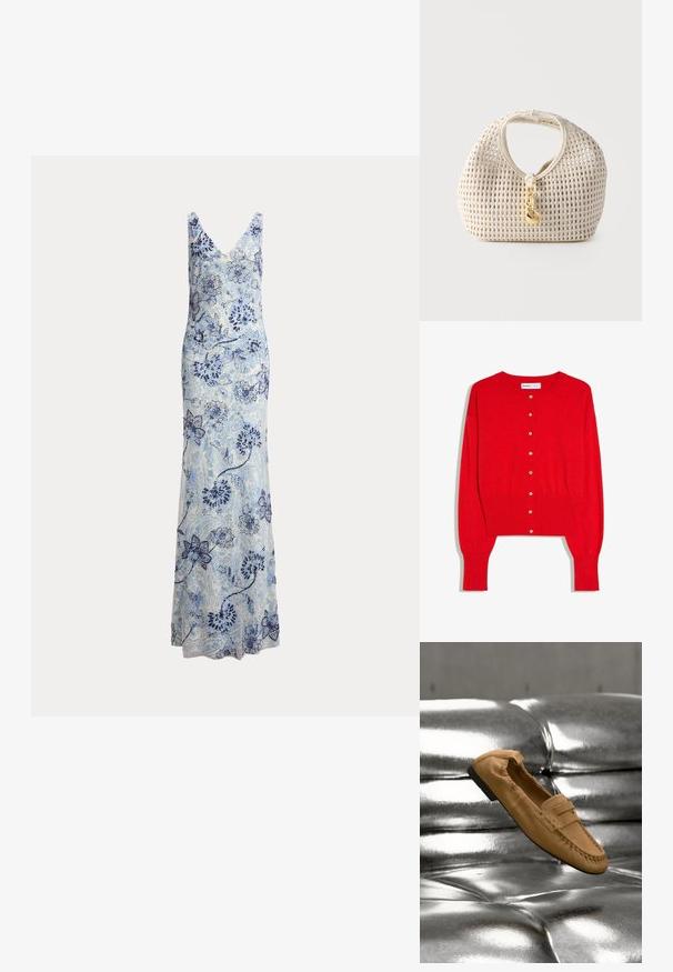 Cardigan rouge à manches longues coupé court avec encolure ronde, poignets et ourlet côtelés, et boutons blancs sur le devant.; Robe longue sans manches avec col en V, avec une base bleu clair et un motif de broderie en dentelle florale bleu foncé.; Chaussure mocassin en daim beige flottant au-dessus d'un canapé en cuir argenté brillant et capitonné.; Sac à main tressé de couleur crème, forme arrondie, poignée courte et fermoir décoratif doré suspendu au centre devant.
