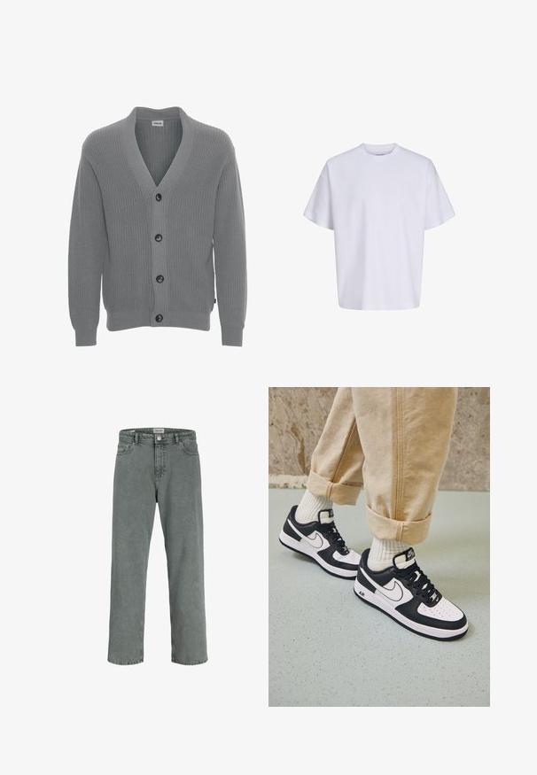 Solid SDGORE - Cardigan - griffin melange; Simpel hvid oversized t-shirt med korte ærmer, rund hals og løs pasform mod en hvid baggrund.; Grå straight-leg cowboybukser med knap- og lynlåslukning, bæltestropper og forlommer.; Sorte og hvide Nike Air Force 1 sneakers med læderoverdel, perforeret tå og tekstureret såldetalje, båret med rullede beige bukser og hvide sokker.